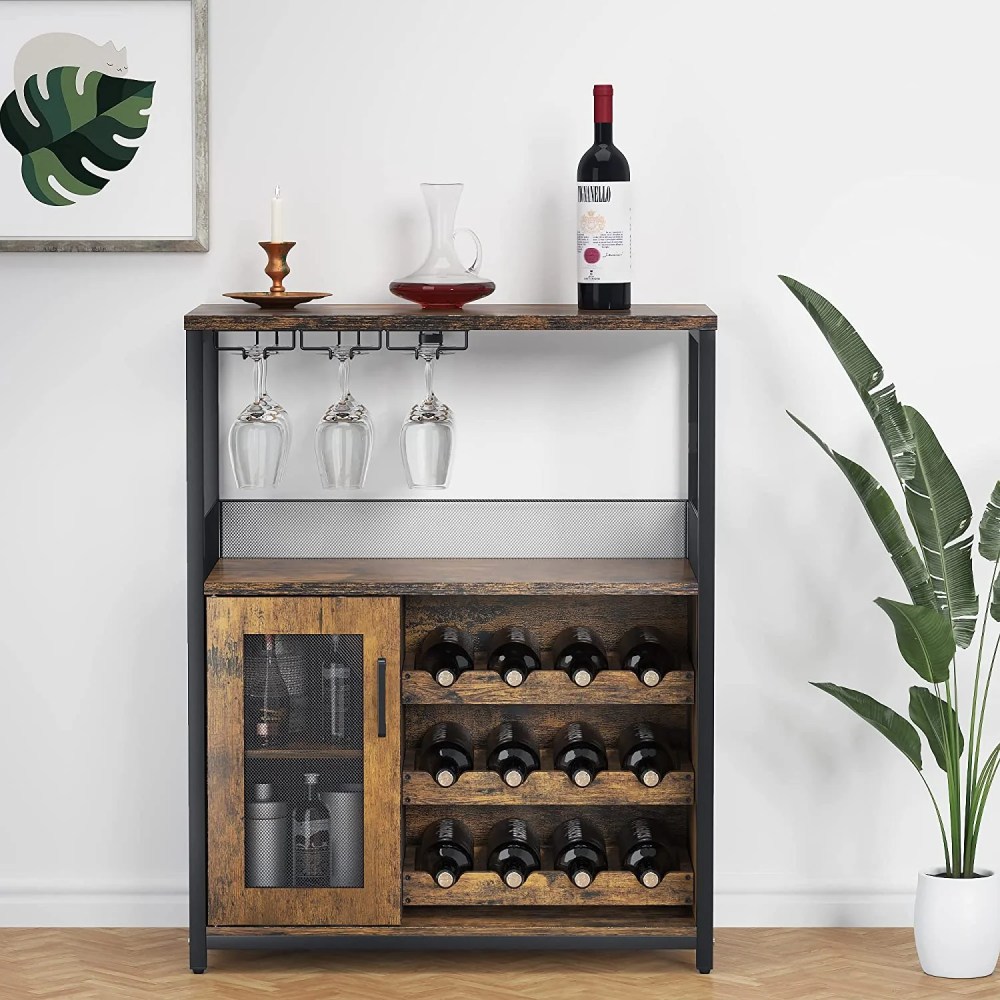 3-Tier Wine Bar Cabinet with Detachable Wine Rack and Storage Space,Buffet Cabinet with Glass Holder and Mesh Door,for Kitchen,Living Room and Bar