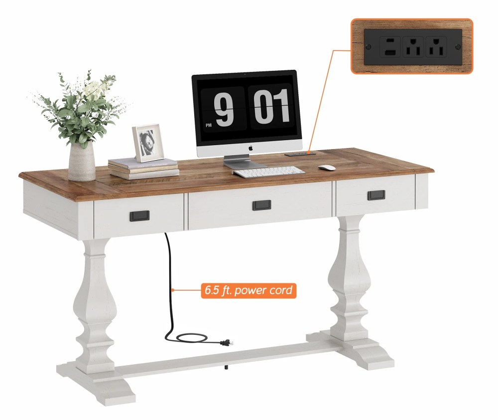 WAMPAT Farmhouse Office Desk with Charging Station - Vintage Rustic Executive Writing Table,Includes 3 Storage Drawers,Sturdy Solid Wood Legs and Ergonomic Rounded Edge for Study, Cream White - Image 5