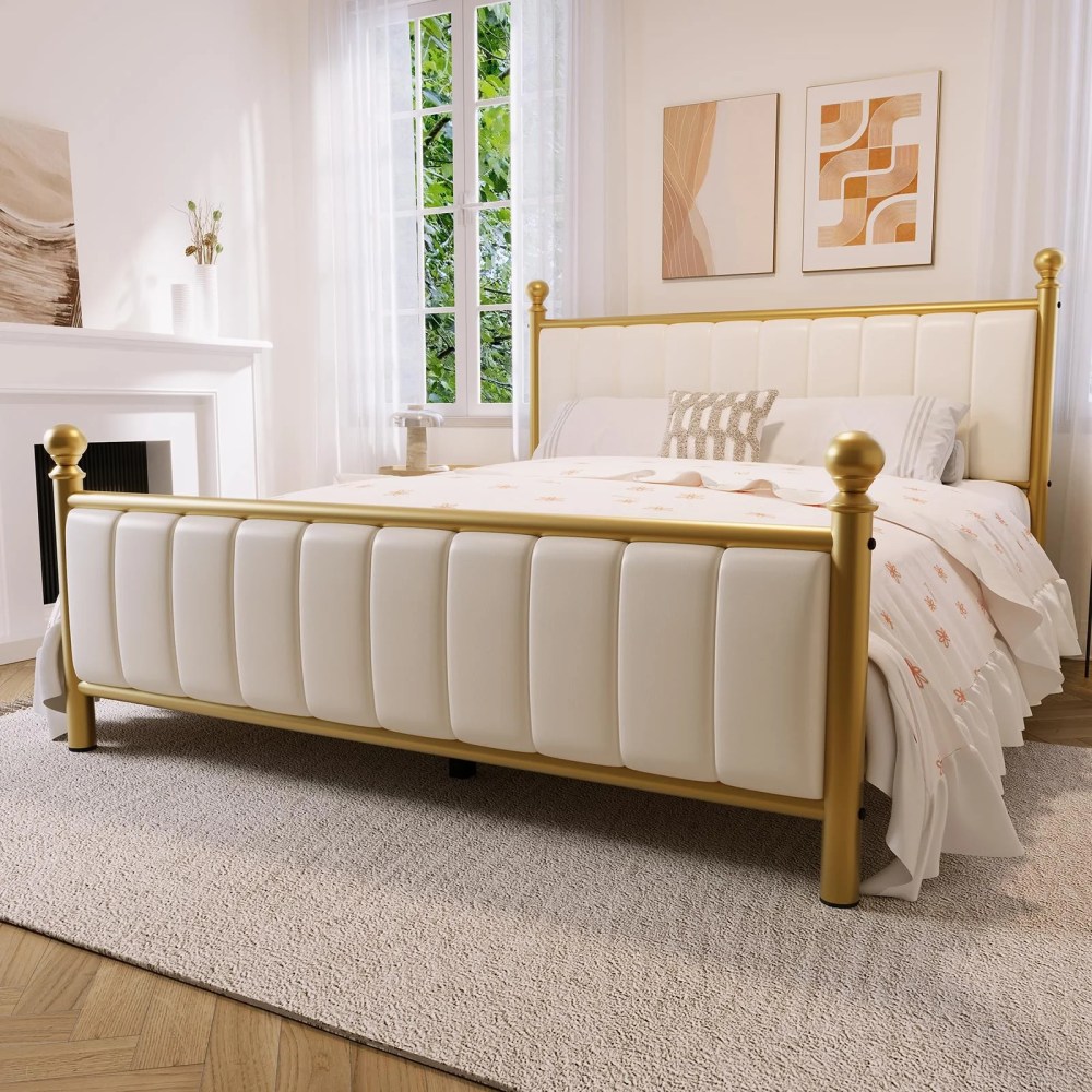 Queen Size Metal Platform Bed Frame with Upholstered Headboard,Easy Assembly,No Box Spring Needed,White