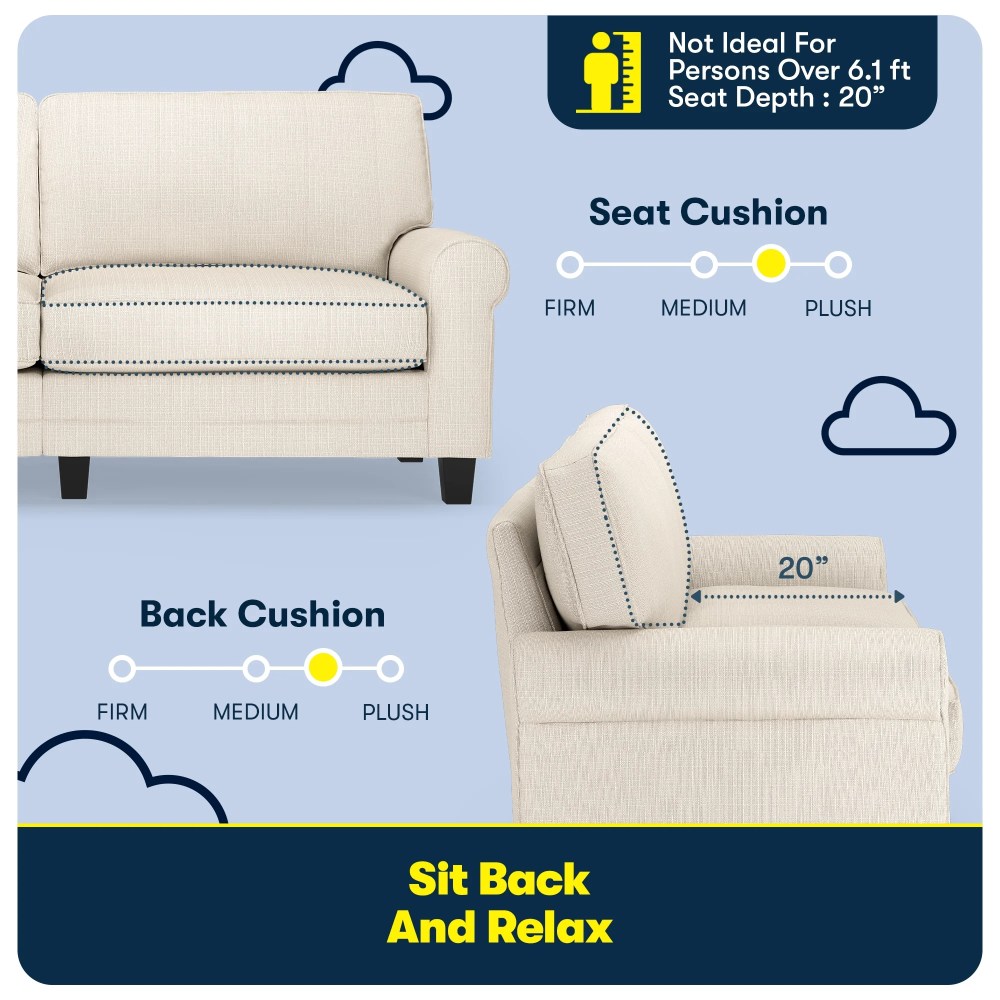 Serta Copenhagen 78" Rolled Arm Sofa, Easy Care Polyester, Loveseat or Couch for Small Spaces, Buckwheat Beige - Image 11