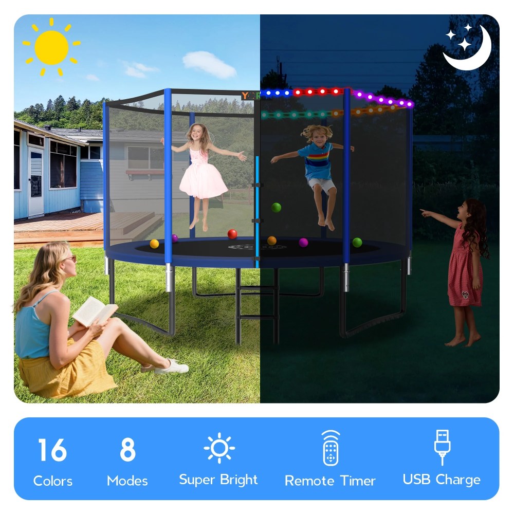 YORIN Trampoline for 2-3 Kids, 8FT 10FT 14FT 12FT Trampoline for Adults with Enclosure Net, Ladder, Light, 800LBS Weight Capacity Outdoor Round Recreational Trampoline, Heavy Duty Trampoline - Image 10