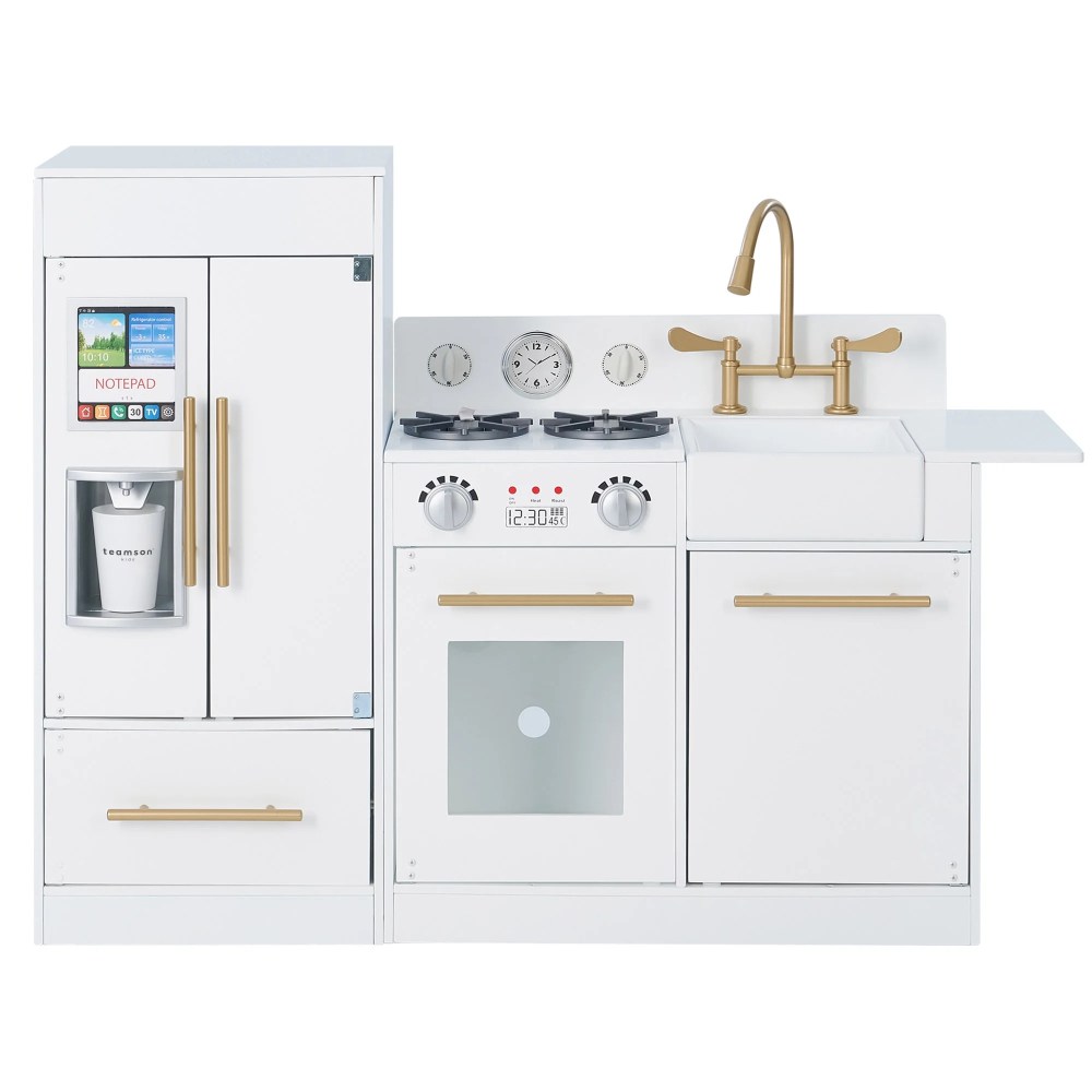 Kids Wooden Play Kitchen Set-Teamson Little Chef Charlotte, Toddler Kitchen Playset with Sink, Stove, Fridge