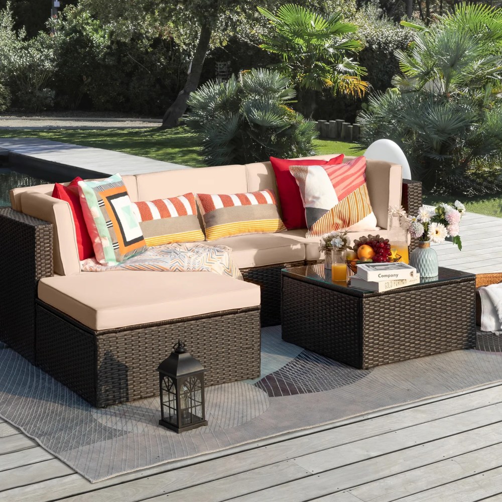Vineego 5 Pieces Outdoor Patio Furniture Sets Wicker Sectional Sofa PE Rattan Conversation Sets,Beige
