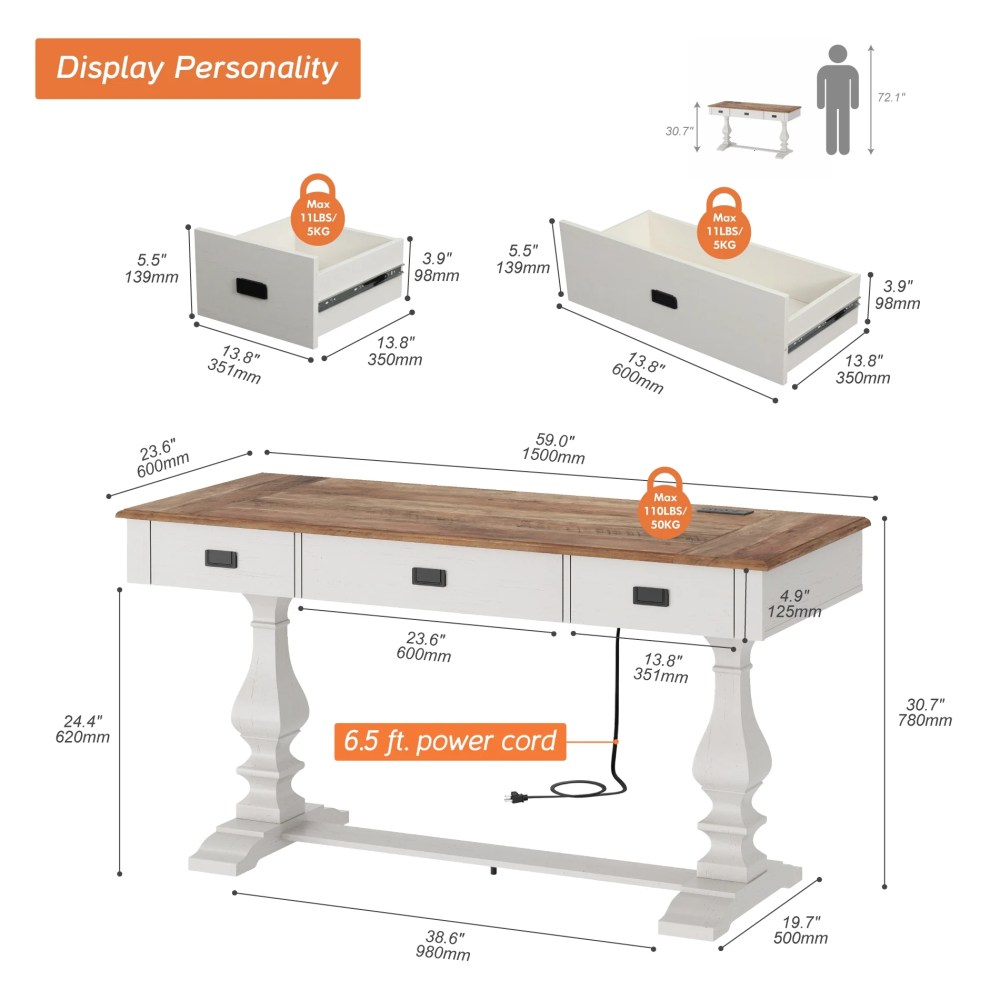 WAMPAT Farmhouse Office Desk with Charging Station - Vintage Rustic Executive Writing Table,Includes 3 Storage Drawers,Sturdy Solid Wood Legs and Ergonomic Rounded Edge for Study, Cream White - Image 6
