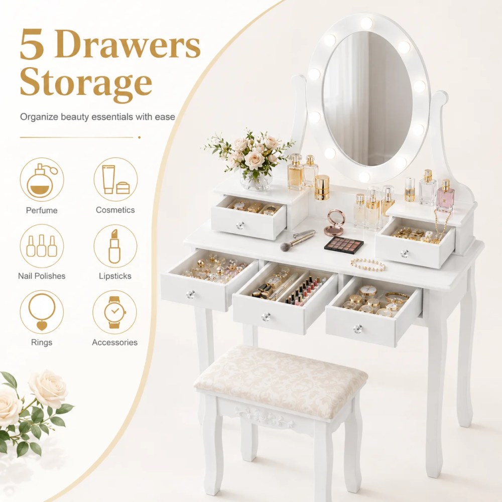 Ktaxon Vanity Table 10 LED Lights,5 Drawers Makeup Dressing Desk with Cushioned Stool Set, Bedroom Vanities Set White - Image 8