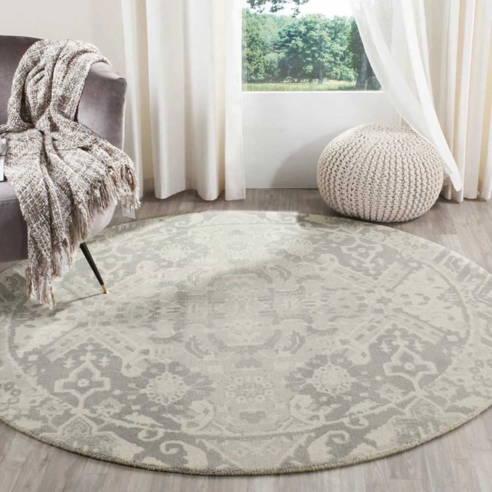 SAFAVIEH Restoration Vintage Eunice Border Wool Area Rug, Light Grey/Ivory, 6" x 6" Round - Image 5