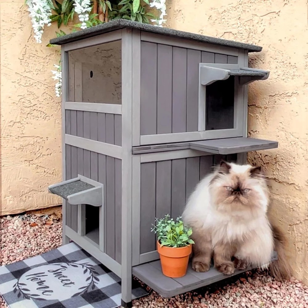 Aivituvin Outdoor Feral Cat House 2-Story Cat Cottage Kitten Shelter with Window
