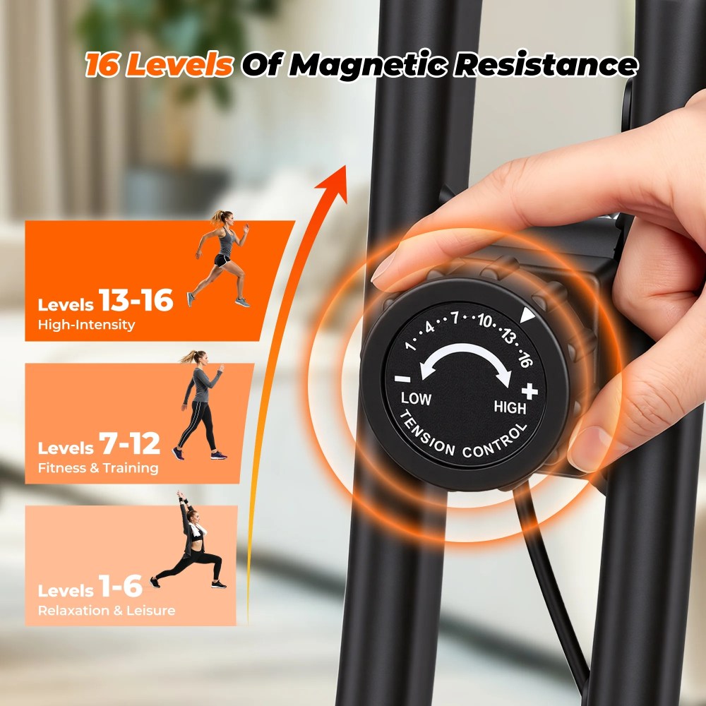 Naipo Exercise Bike Indoor 16 Level Magnetic Resistance Folding Stationary Bike with 265lbs Capacity Adjustable Seat Height Orange Color for Space Saving Home Use - Image 11