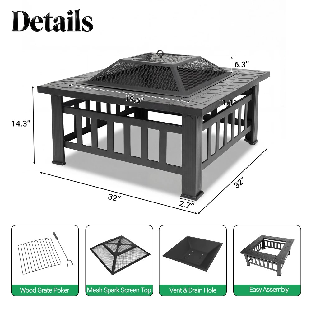 32" Fire Pits for Outside,SYNGAR Wood Burning Bonfire Fire Pit Table with Mesh Lid,Grate and Poker,Outdoor Metal Square Fire Pit for BBQ,Camping,Picnics,Backyard - Image 8