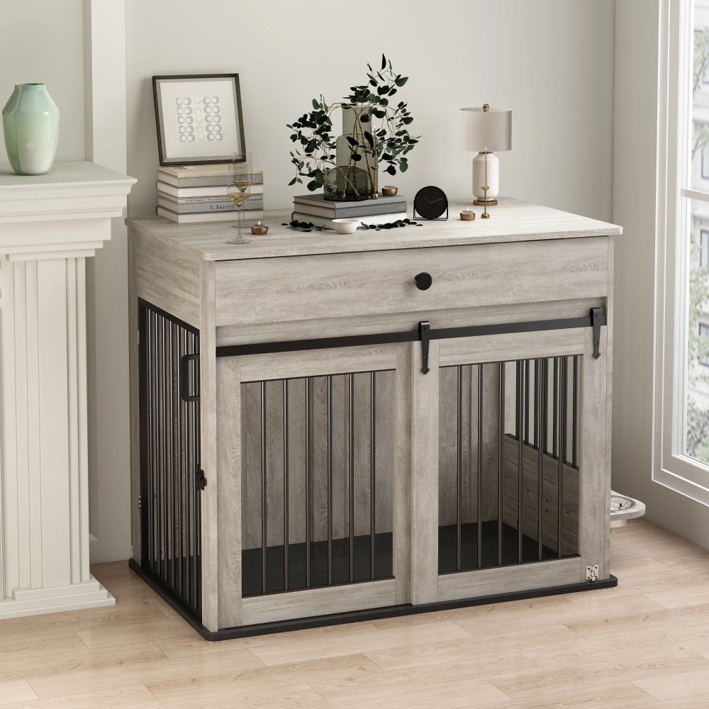 WHIFEA Modern Wooden Dog Crate Furniture with Sliding Barn Door & Side Access,  Rotating Feeder Kennel for Medium-Large Dogs,  Farmhouse Style,  Grey