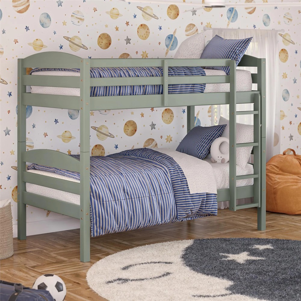 Better Homes & Gardens Leighton Kids Solid Wood Twin-over-Twin Convertible Bunk Bed with Ladder and Guardrails, Sage Green