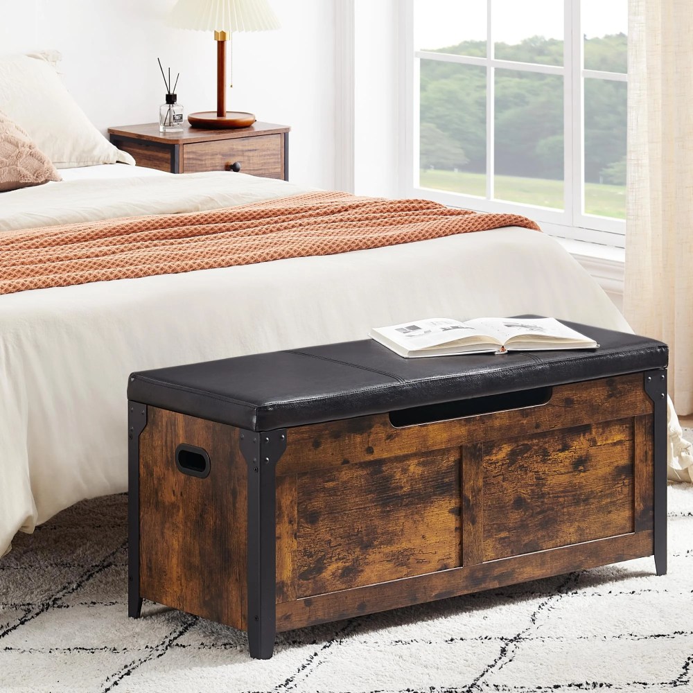 2024 New Wooden Storage Chest Bench, Leather Entryway Shoes Bench with Flip Top Storage Chest,Lift Top Storage Trunk with 2 Safety Hinges for Living Room Bedroom Entryway - Image 7