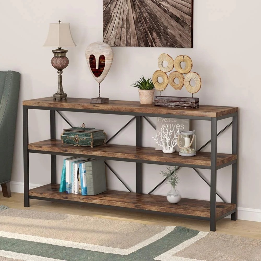 Sofa Table,3 Tiers Sofat Table Narrow Long Sofa Table TV Stand with Shelves for Hallyway,Entryway,Living Room,55 Inch (Brown) - Image 6