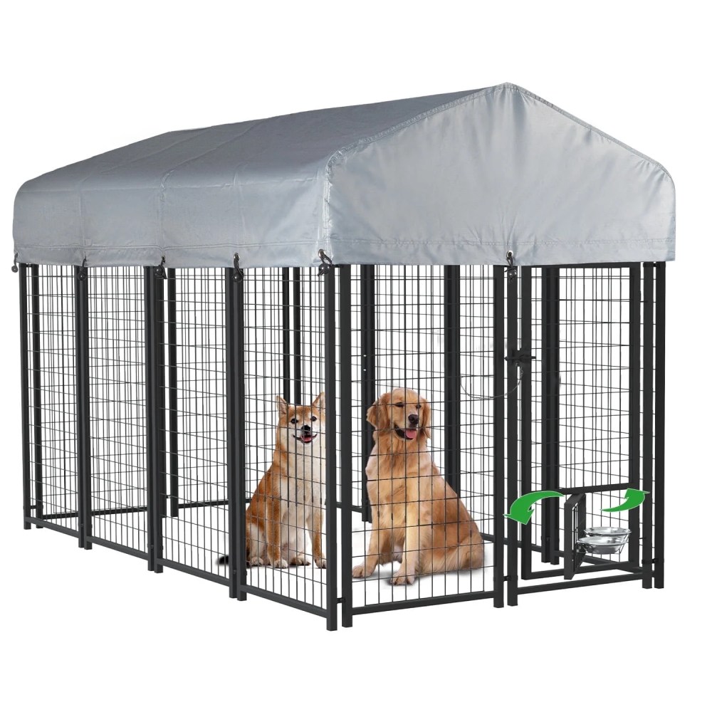 Waleaf 8x4x4 ft Outdoor Dog Kennel Cage for Large Dogs, Large Dog Kennel with Rotating Bowls for Outdoor, Pet Dog Run Enclosures for Dog Crate with Waterproof UV-Resistant Cover and Secure Lock