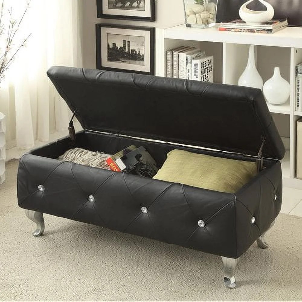 AC Pacific Crystal Tufted Faux Leather Storage Bench,Black - Image 7