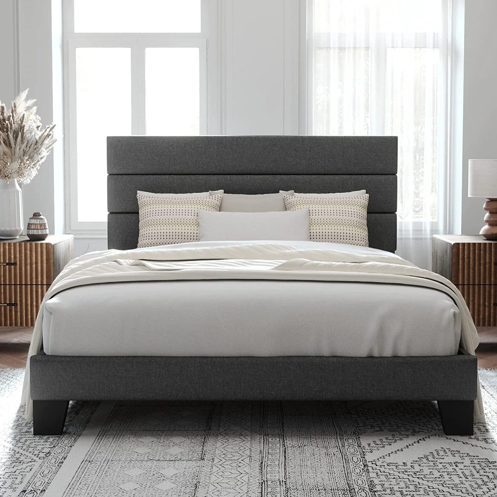 Allewie Queen Size Platform Bed Frame with Fabric Upholstered Headboard,No Box Spring Needed,Dark Grey