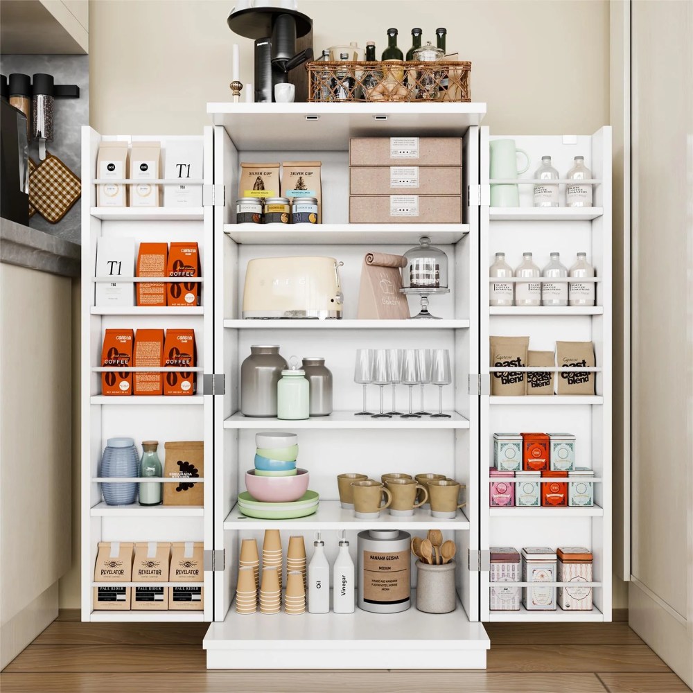 Walsunny 47" Kitchen Pantry Storage Cabinet with Adjustable Shelves,Racks and Doors Freestanding Kitchen Hutch Cupboard White