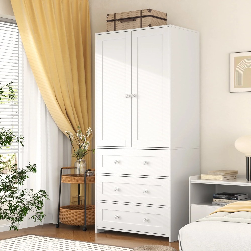 Richya Wooden Freestanding Wardrobe Closet Cabinet with 3 Drawers, Modern Wood Closet Storage Cabinet for Bedroom