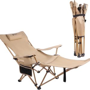 VILLEY Reclining Camping Lounge Chair Adjustable Foldable Chair for Adults with Removable Footrest,  Headrest & Storage Bag Supports Up to 330 LBS Beige