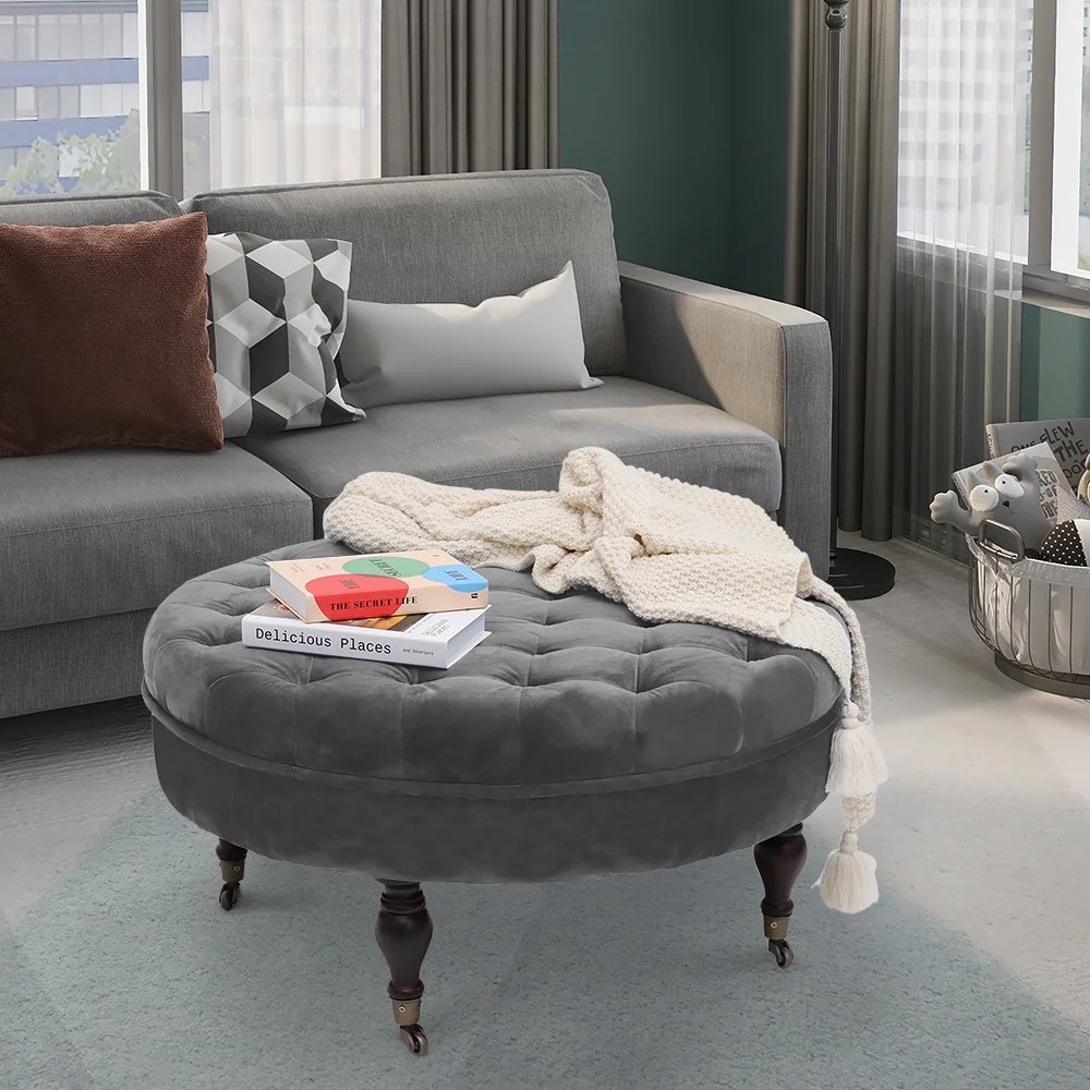 Abble 33" Indoor Upholstered Round Tufted Round Cocktail Ottoman for Living Room,Bedroom with Casters -Dark Gray