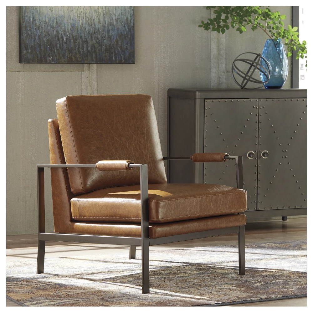 Signature Design by Ashley Peacemaker Accent Chair,Brown Faux Leather Upholstered Modern Metal Frame Armchair