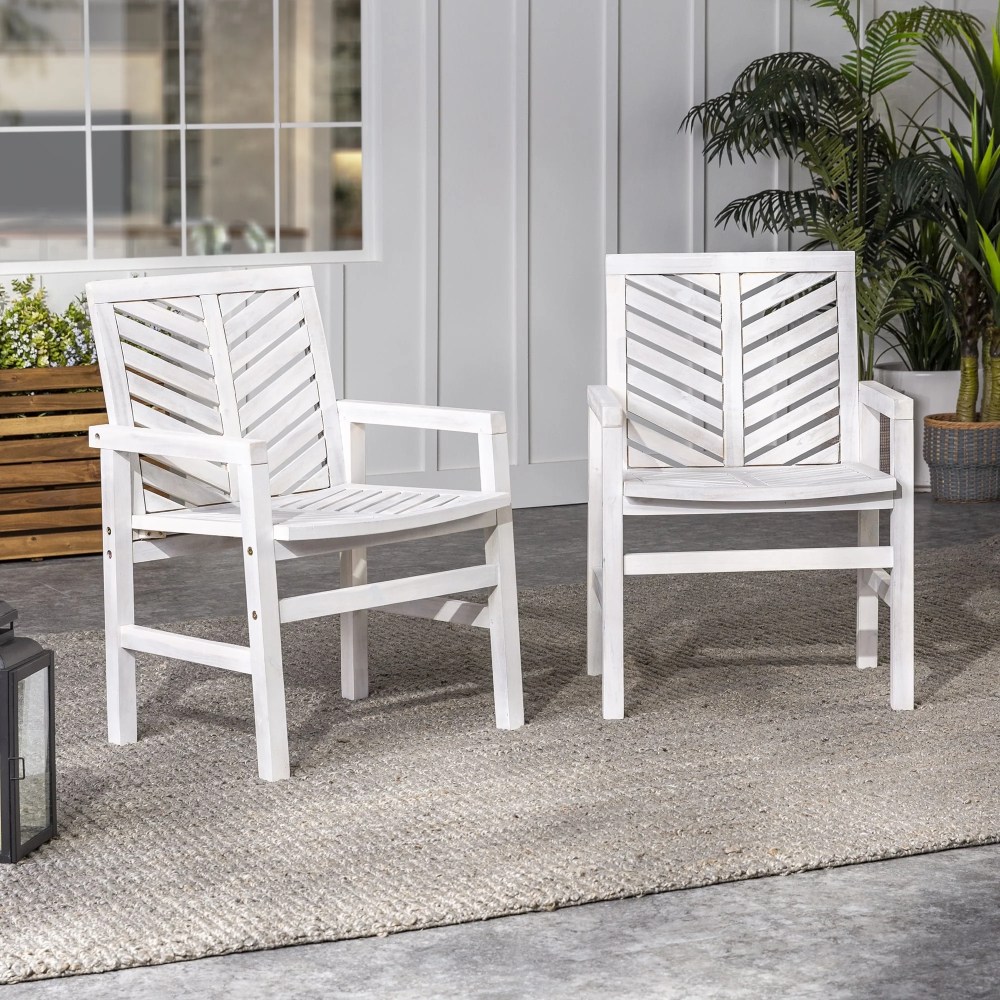 Walker Edison Modern Slatted Outdoor Patio Chair,Set of 2,White Wash