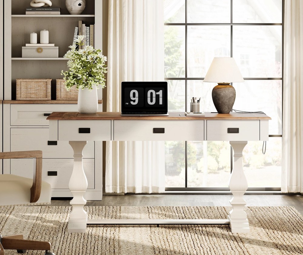 WAMPAT Farmhouse Office Desk with Charging Station - Vintage Rustic Executive Writing Table,Includes 3 Storage Drawers,Sturdy Solid Wood Legs and Ergonomic Rounded Edge for Study, Cream White