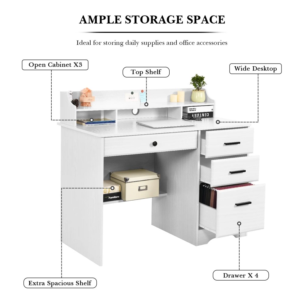4 Ever Wooden L-Shaped Desk with Hutch & Storage,White - Image 7