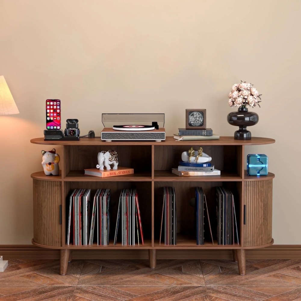 Fsbecl Record Player Stand with storage, Vinyl Record Storage Cabinet, Brown