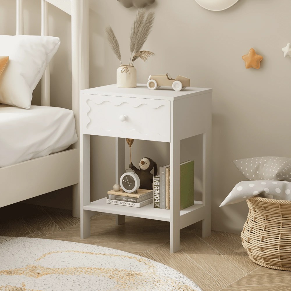 White Nightstand with Drawer and Open Shelf,Modern Wave Pattern Bedside Table,Solid Wood Frame End Table for Bedroom,Living Room,Small Spaces