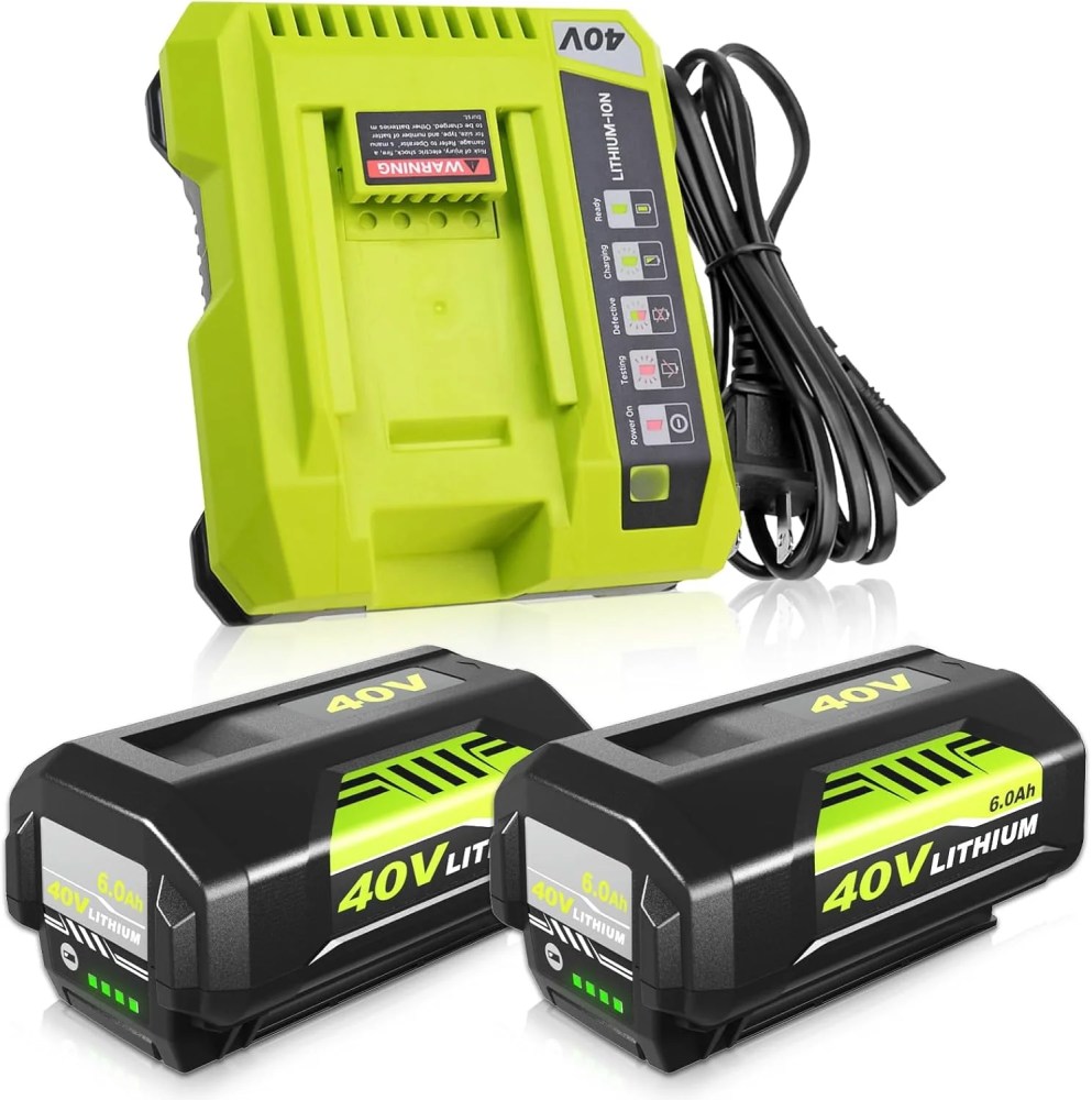 2 Pack Replacement for Ryobi 40V Battery and Charger Compatible with Ryobi 40 Volt Battery Lithium OP4040 OP40401 OP4026 OP40261 Compatible with 40 Volt Cordless Power ToolGreen