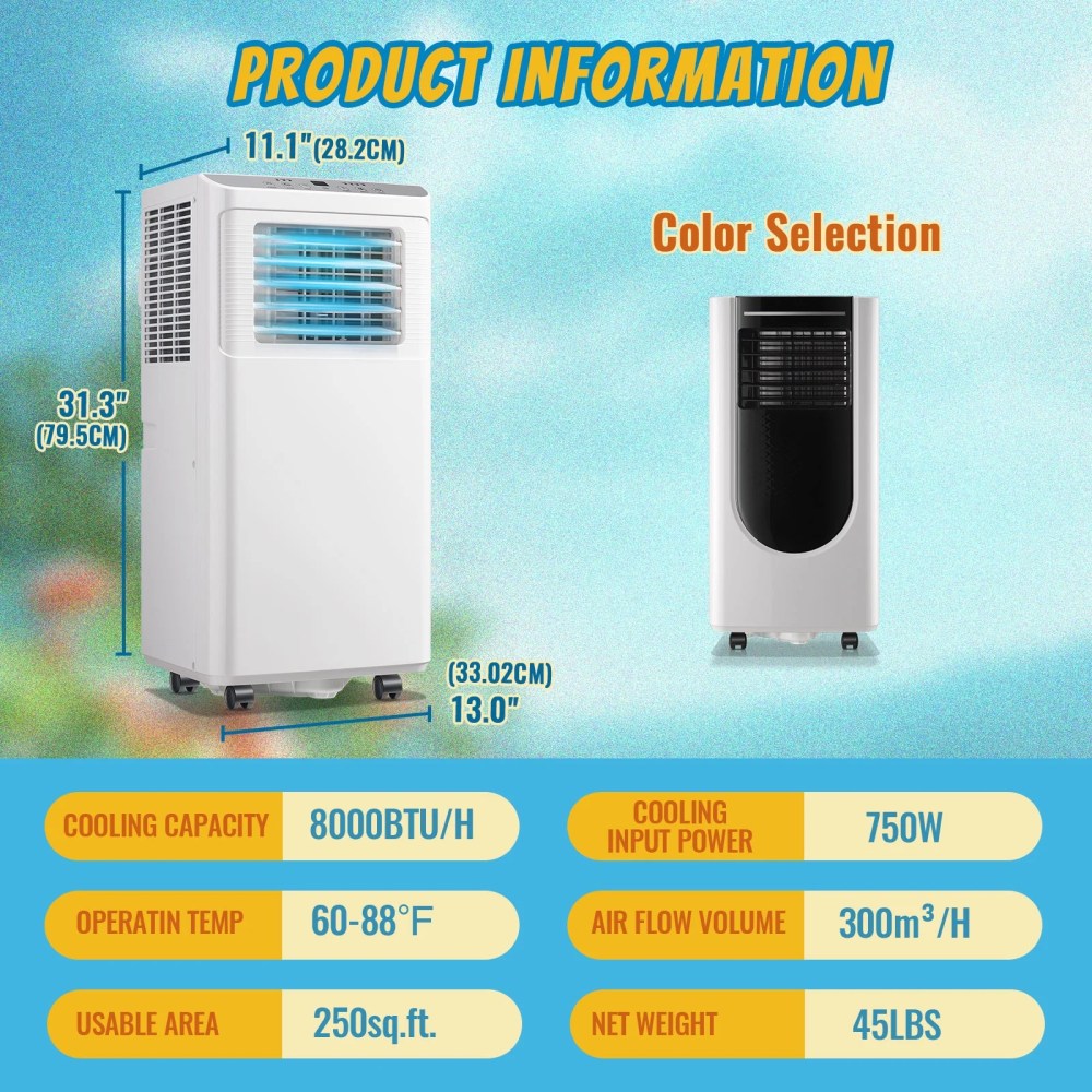 WANAI Portable Air Conditioner,8000 BTU AC Units with Cooling,Fan,Dehumidifier,Sleep Mode,Remote Control - Image 2