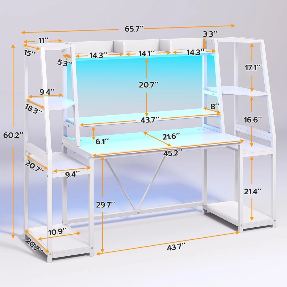 White Gaming Desk 65.7" with LED Lights,Hutch and Storage Shelves,Computer Desk with Monitor Stand,Large PC Gamer Desk Workstation,Ergonomic Gaming Table for Bedroom,Living Room - Image 8