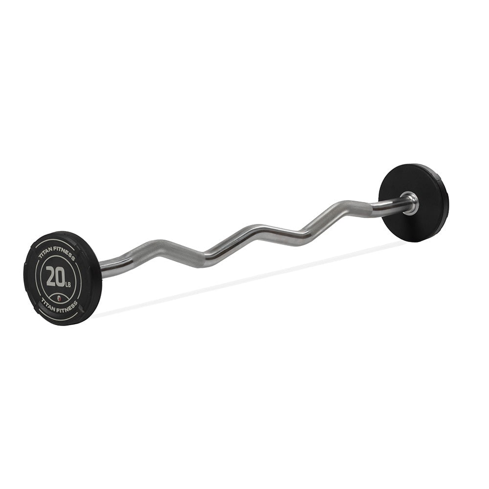 Titan Fitness 20 LB Rubber EZ Curl Fixed Barbell, Pre-Loaded Weight Bar for Strength Training & Weightlifting