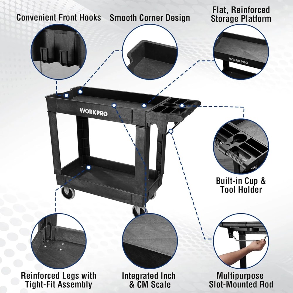 WORKPRO 500 LBS 2-Tier Utility Service Cart,Rolling Tool Cart with 360'Swivel Locking Casters,39"x17"x33" PP Plastic Work Station for Garage & Home - Image 4
