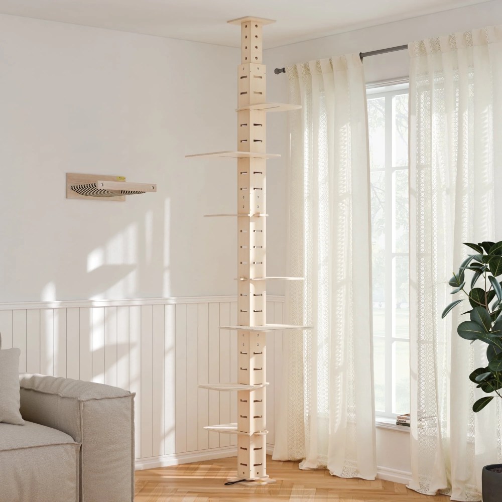 Coziwow 114"H Adjustable Height Floor-To-Ceiling Vertical Cat Tree,  Natural Wood