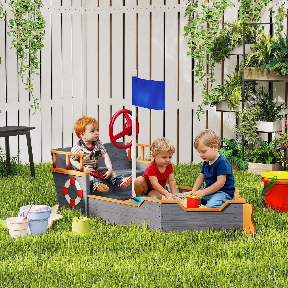 Outsunny Wooden Kids Pirate Sandbox,  Outdoor Sandboat with Bench Seats,  Storage,  Non-Woven Fabric Cloth for Backyard,  Lawn,  Gray