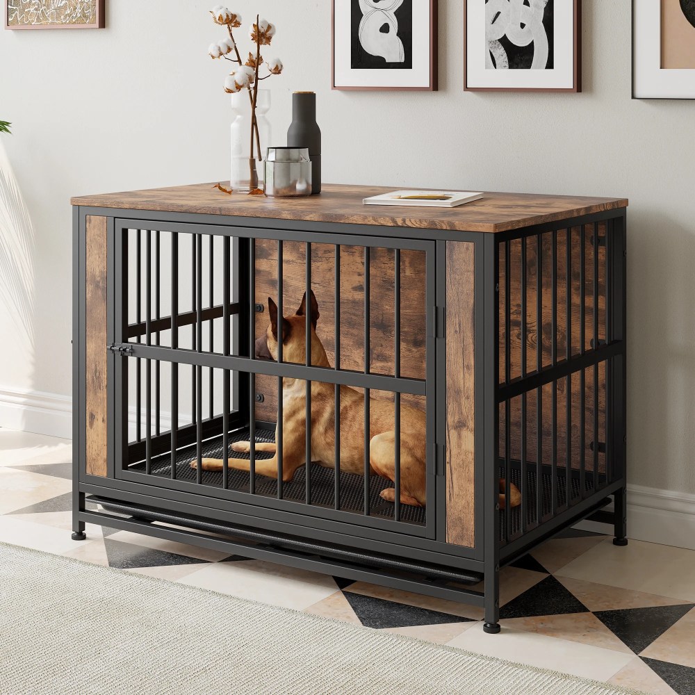 Dog Crate Furniture,  Wooden Dog Crate Table,  38.9" Dog Kennel with 2 Sliding Doors and Thick Iron Door Frame,  Decorative Pet Crate House