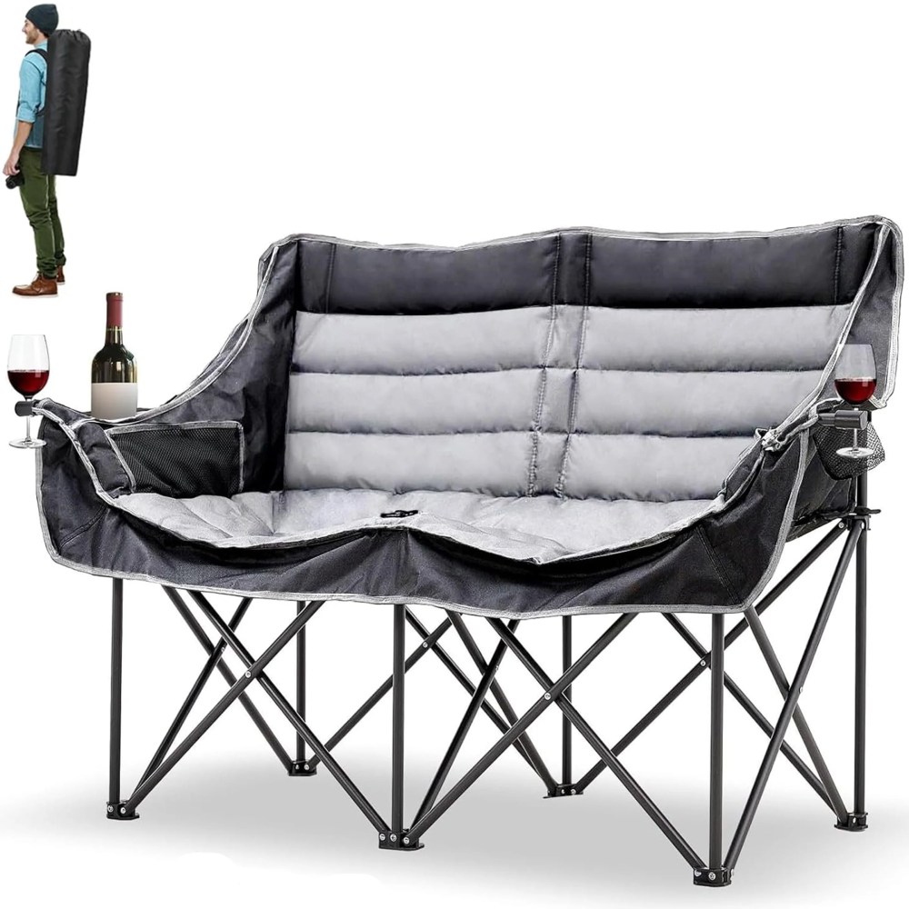 ABORON Oversized Double Camping Chair - 2-Person Folding Chairs for Outdoor Sports, Padded Moon Round Chair for Adults, with Cup Holder & Carry Bag, Supports up to 990lbs