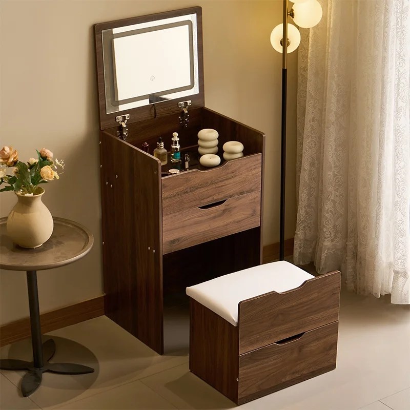 3-in-1 Vanity Desk with Mirror And Lights,Small Vanity Dresser Set with Visible Glass Tabletop,3 Drawers,Storage Bench,3-color Lighting Mirror,Suitable for Bedroom, Walnut