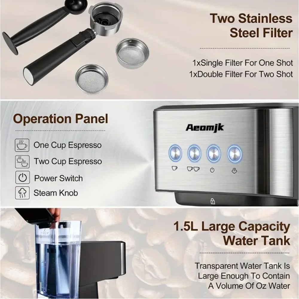 AEOMJK Semi-Automatic Espresso Machine, 20 Bar Pressure, 1.5L Removable Water Tank, Design for Cappuccino & Latte Making,Coffee Brewing - Image 3
