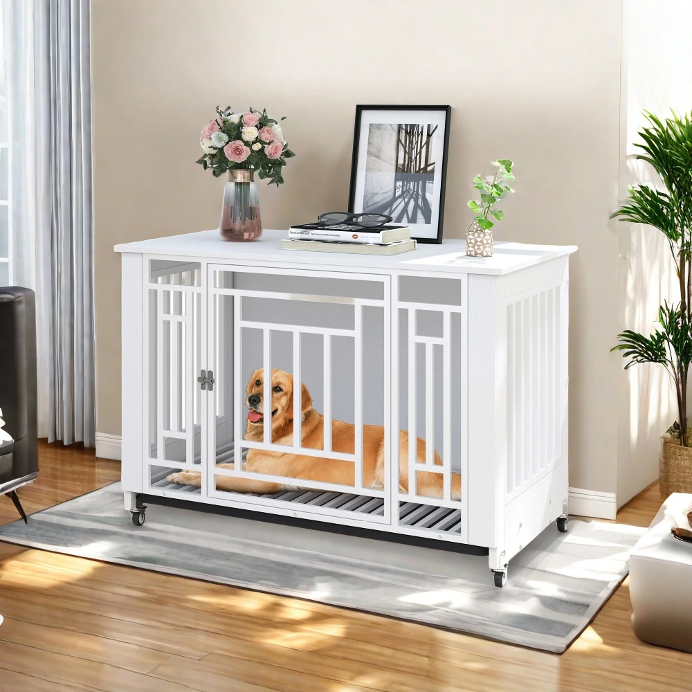 Craftian 38.2 inch Dog Kennel Furniture,  Indoor Dog Crate Furniture with Wheels,  Ideal for Small Medium Large Dogs - White