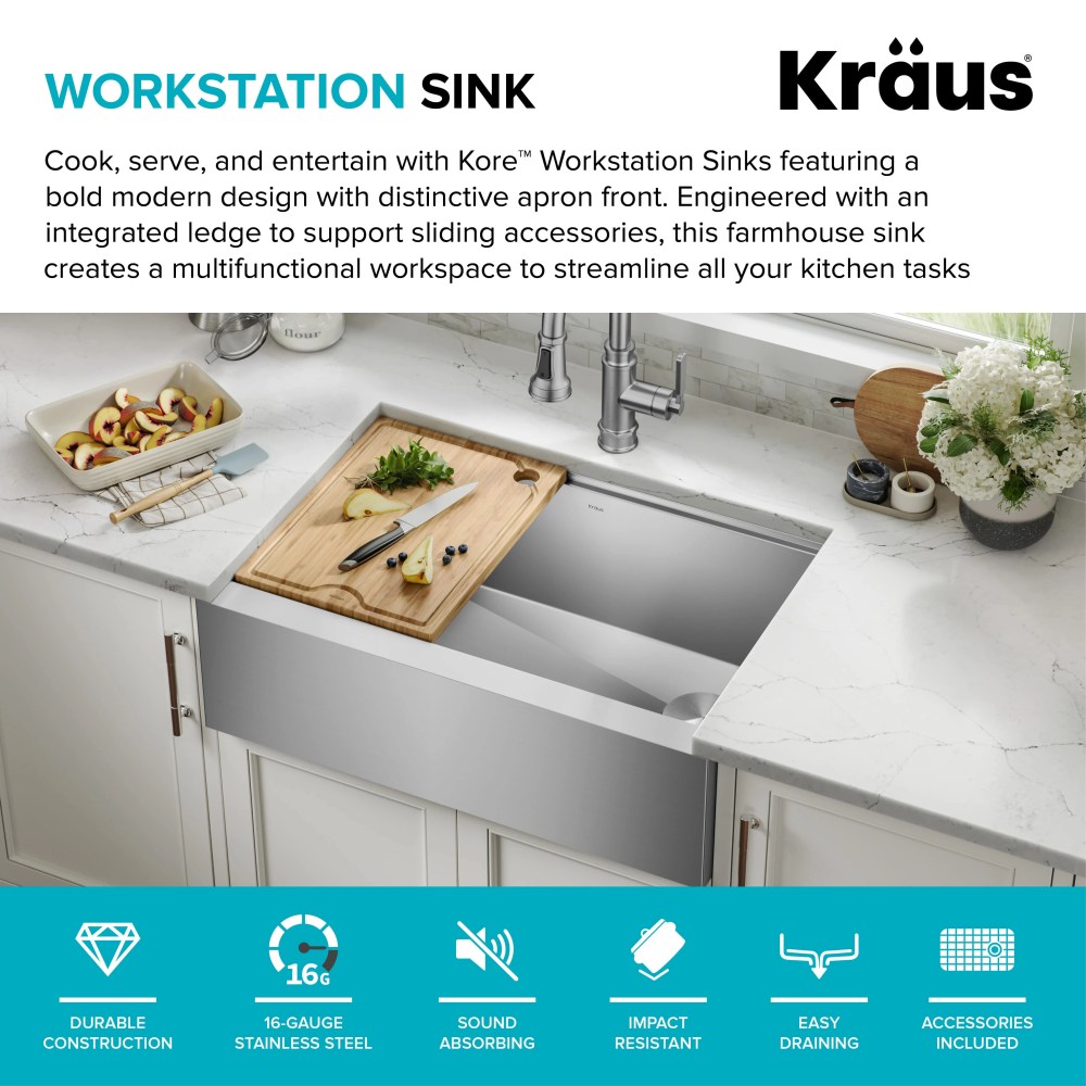 KRAUS Kore Workstation 30-inch Farmhouse Flat Apron Front 16 Gauge Single Bowl Stainless Steel Kitchen Sink with Accessories (Pack of 5) - Image 6