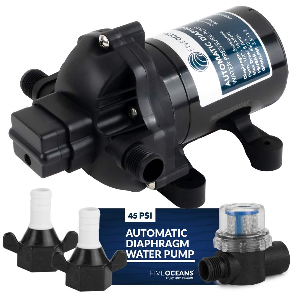 Five Oceans Water Diaphragm Self-Priming Pump,3.0 GPM / 11.3 LPM,45PSI Automatic Water Pump,Run Dry Safe,12V DC,for Boat,RV,Trailer,Caravan,Truck - FO3605