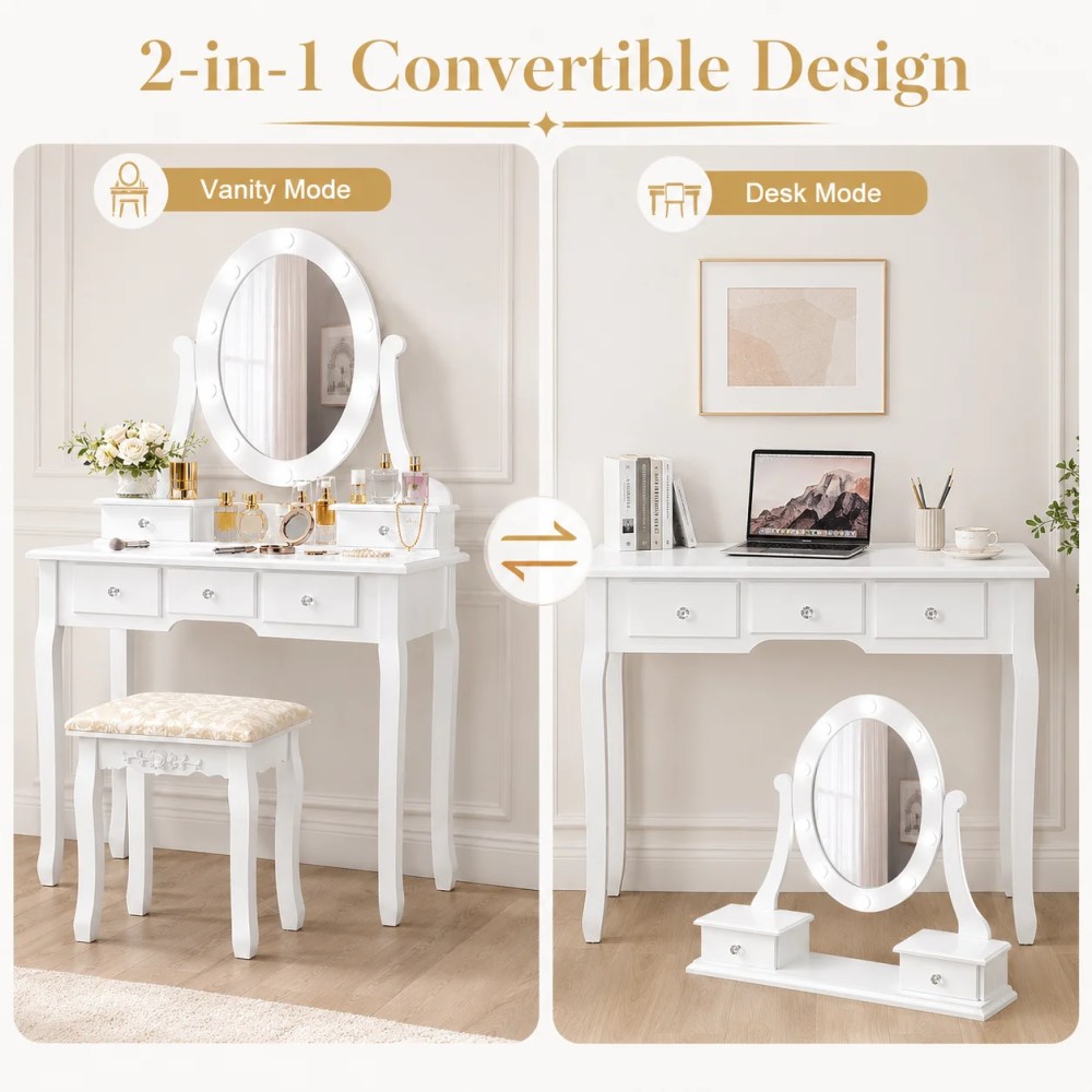 Ktaxon Vanity Table 10 LED Lights,5 Drawers Makeup Dressing Desk with Cushioned Stool Set, Bedroom Vanities Set White - Image 5