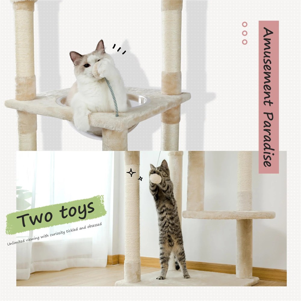 Demi Bonn Floor to Ceiling Cat Tree for Indoor 92"-101" Height Adjustable Cat Tower, Kitty Climbing Play House with Cozy Cat Condo, Perches and Hammock, Beige - Image 2