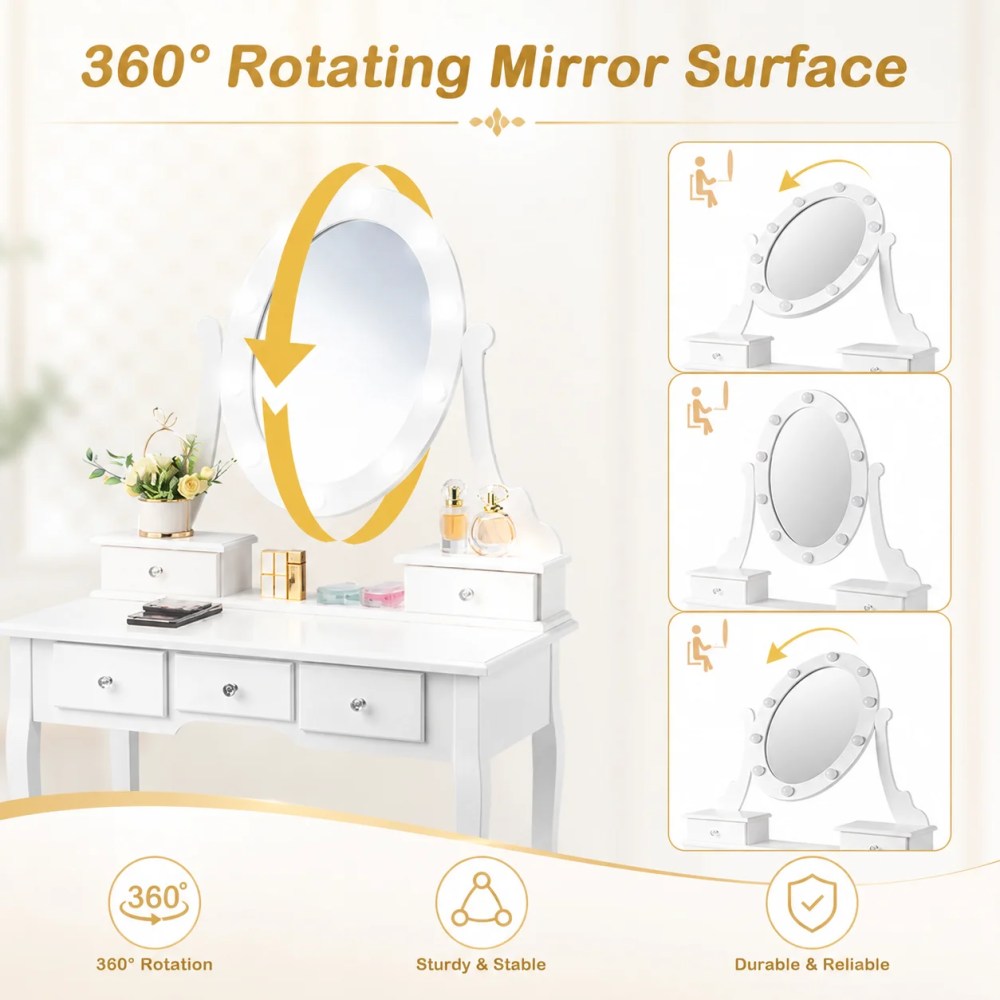 Ktaxon Vanity Table 10 LED Lights,5 Drawers Makeup Dressing Desk with Cushioned Stool Set, Bedroom Vanities Set White - Image 2