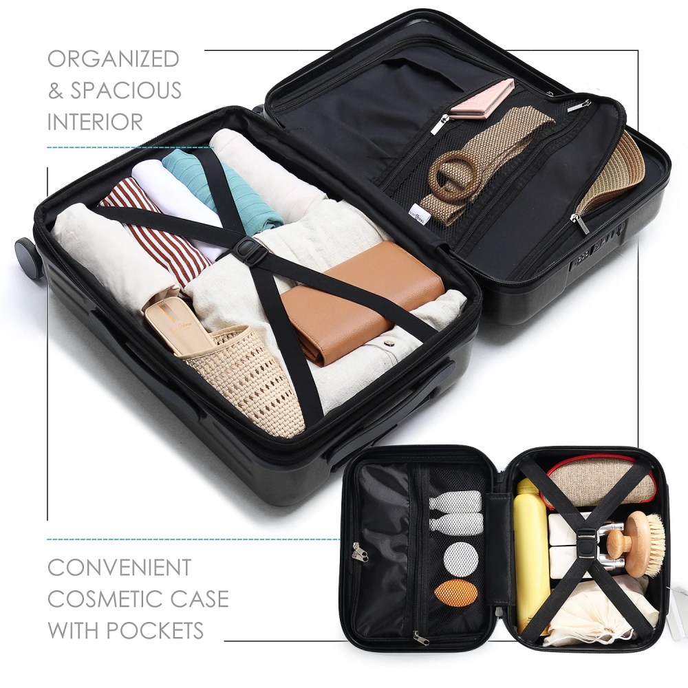 Virtu 20 inch Hardside Carry-On Expandable Luggage,Front Pocket Luggage Set Spinner Suitcase Set,Black - Image 2