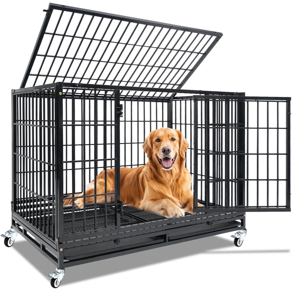 Homey Pet 47 Inch Stackable Heavy Duty Dog Crate, Indestructible Escape Proof Cage for High Anxiety Large Dogs, XL Dog Kennel Indoor with Auto Locks, No-Noise Grid, Dual Trays, 360'Wheels, Top Acces
