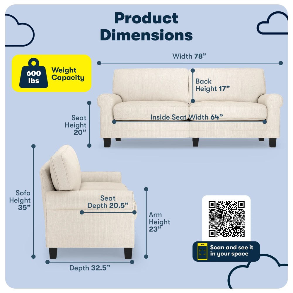 Serta Copenhagen 78" Rolled Arm Sofa, Easy Care Polyester, Loveseat or Couch for Small Spaces, Buckwheat Beige - Image 7